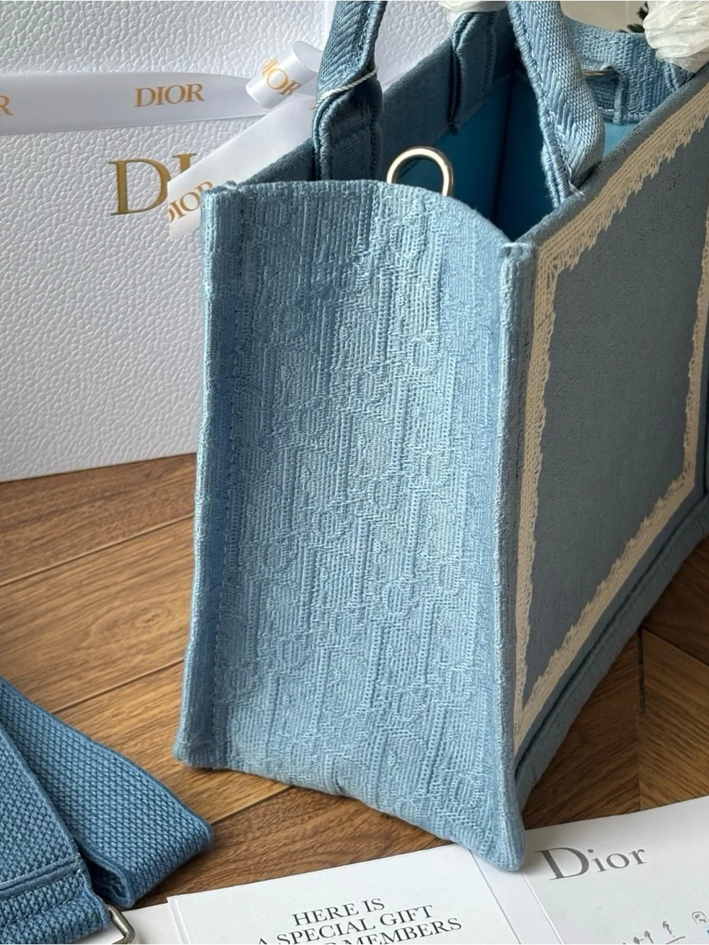 Dior Blue Embroidered Book Medium Tote Shoulder Bag